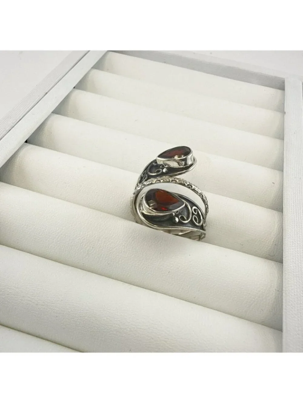 JTV Sterling Silver Ring Garnet Red Bypass Wrap 925 Adjustable Sz 9-11